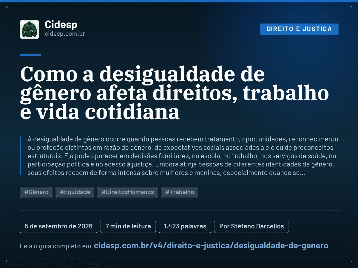 Cartão do artigo “Como a desigualdade de gênero afeta direitos, trabalho e vida cotidiana”, com resumo, data de publicação e endereço da página.