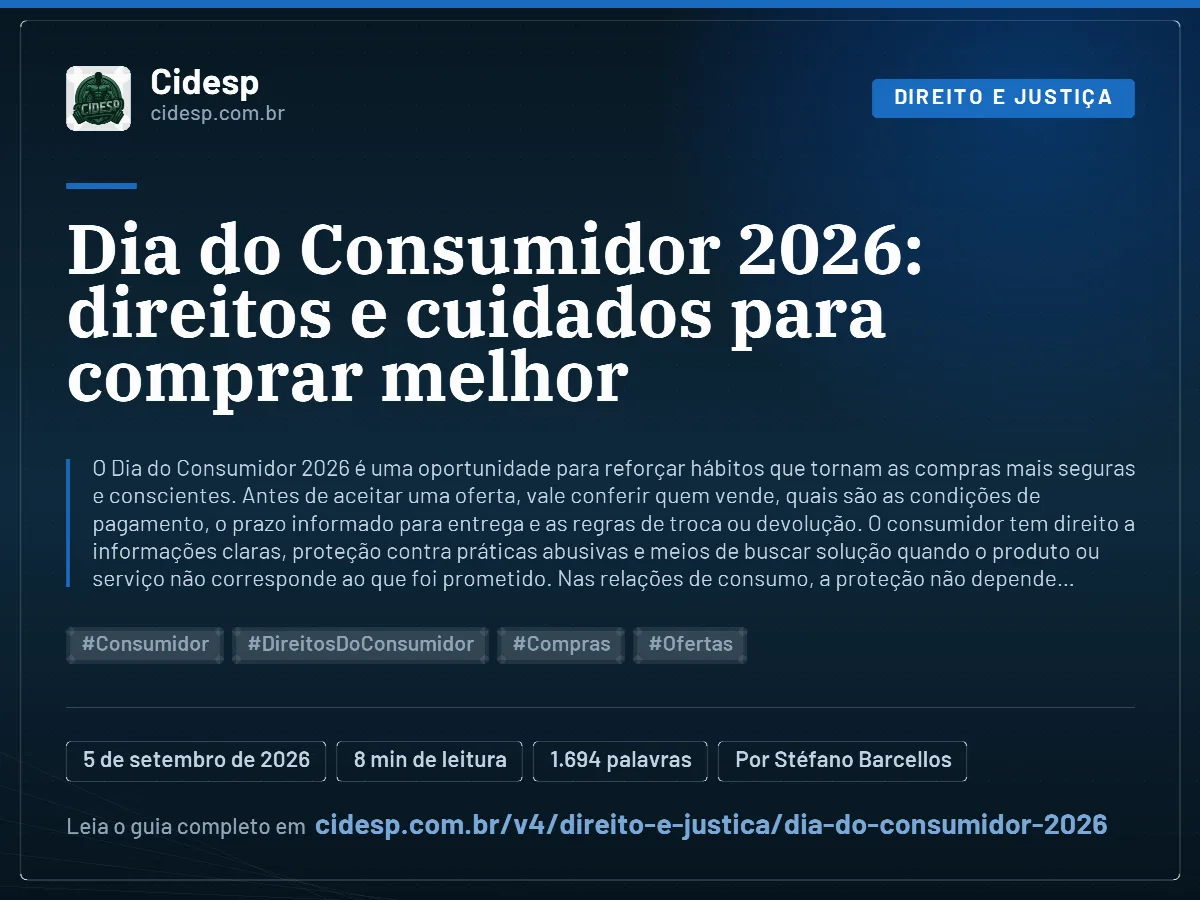 Cartão do artigo “Dia do Consumidor 2026: direitos e cuidados para comprar melhor”, com resumo, data de publicação e endereço da página.