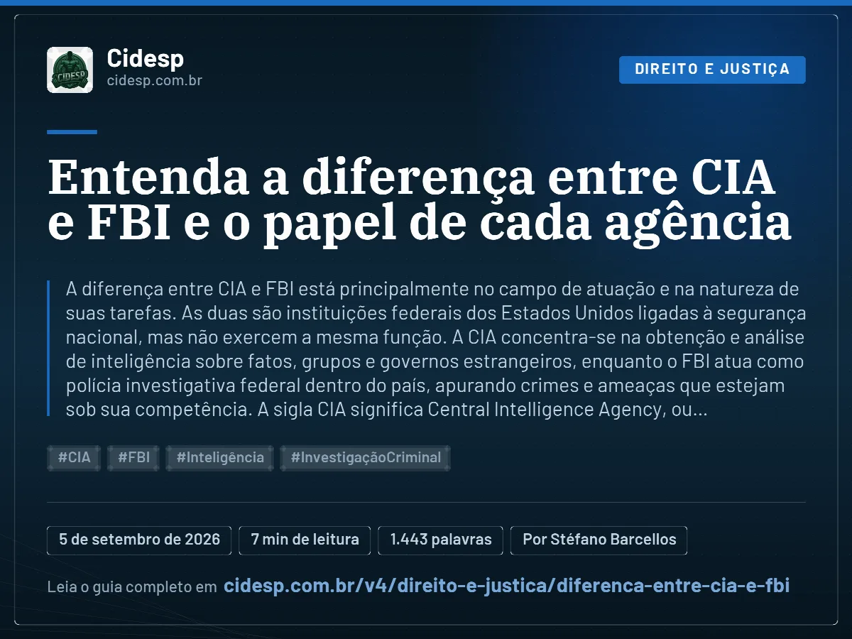 Cartão do artigo “Entenda a diferença entre CIA e FBI e o papel de cada agência”, com resumo, data de publicação e endereço da página.