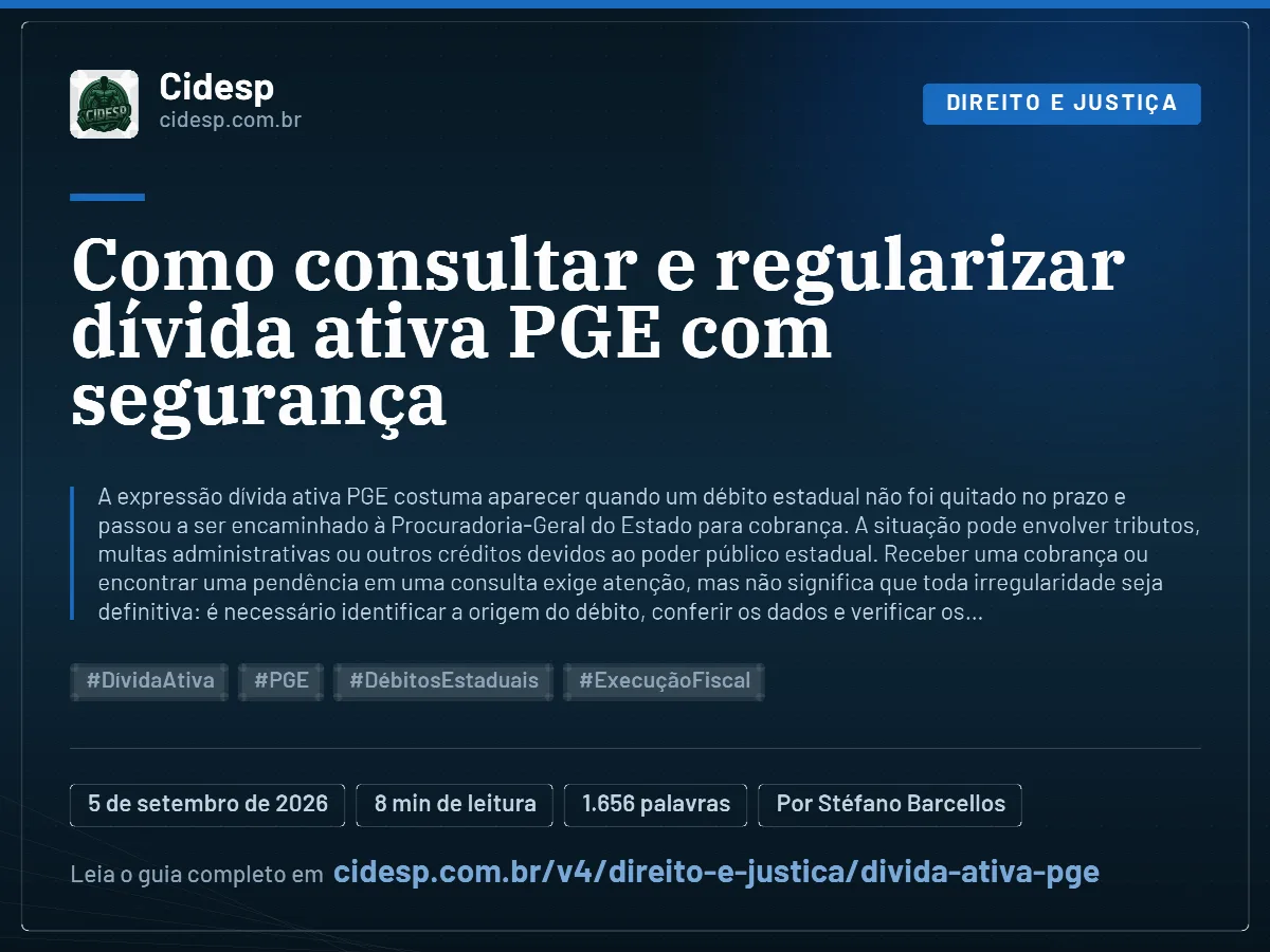 Cartão do artigo “Como consultar e regularizar dívida ativa PGE com segurança”, com resumo, data de publicação e endereço da página.