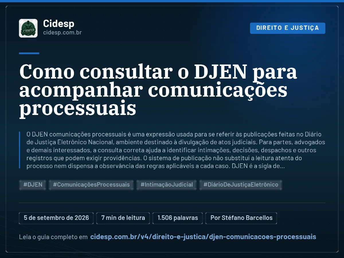 Cartão do artigo “Como consultar o DJEN para acompanhar comunicações processuais”, com resumo, data de publicação e endereço da página.