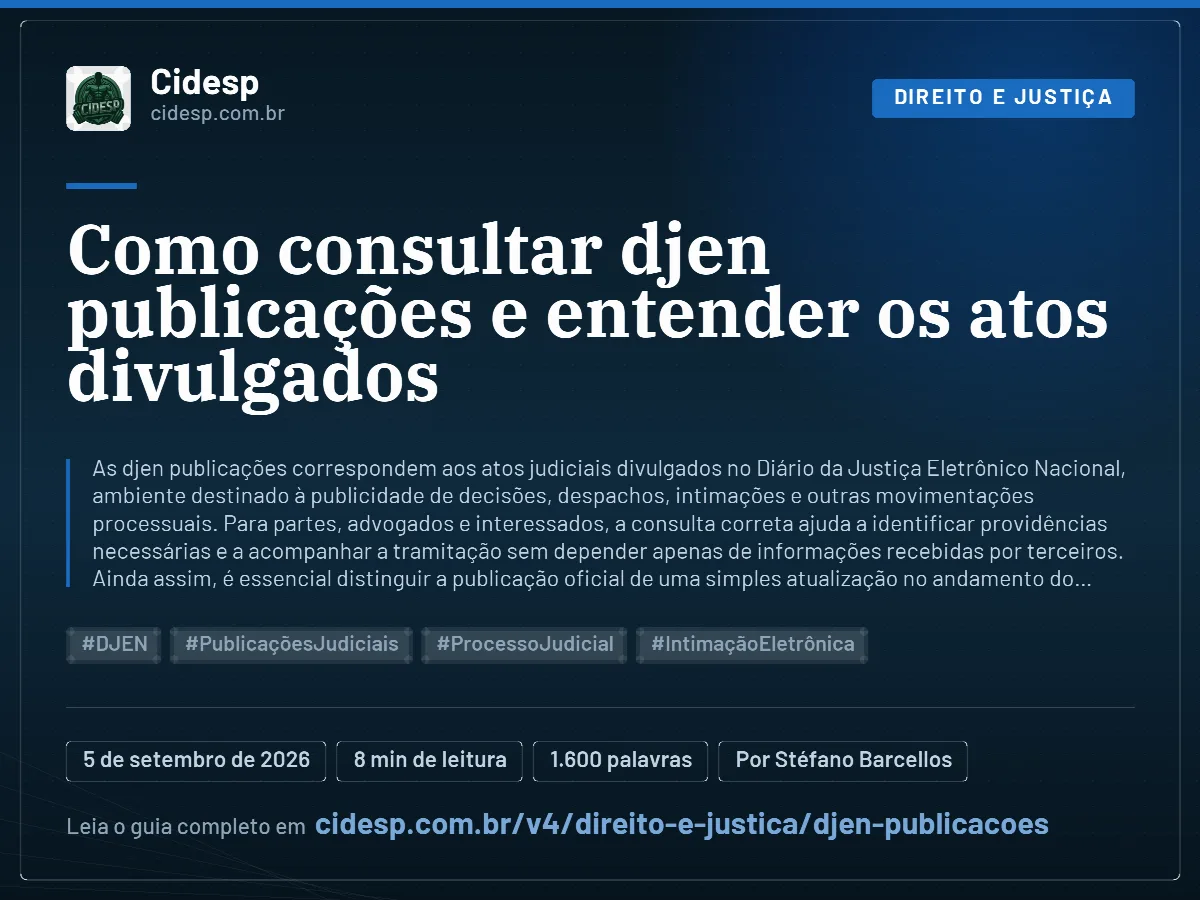 Cartão do artigo “Como consultar djen publicações e entender os atos divulgados”, com resumo, data de publicação e endereço da página.