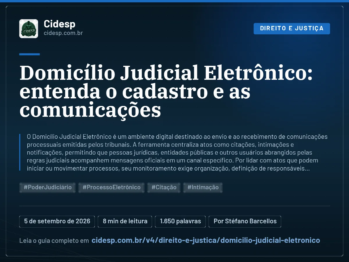 Cartão do artigo “Domicílio Judicial Eletrônico: entenda o cadastro e as comunicações”, com resumo, data de publicação e endereço da página.