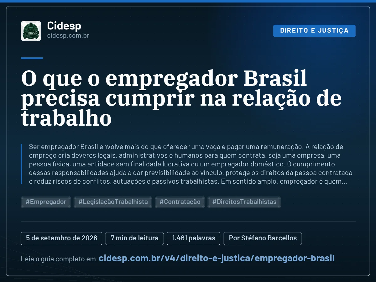 Cartão do artigo “O que o empregador Brasil precisa cumprir na relação de trabalho”, com resumo, data de publicação e endereço da página.