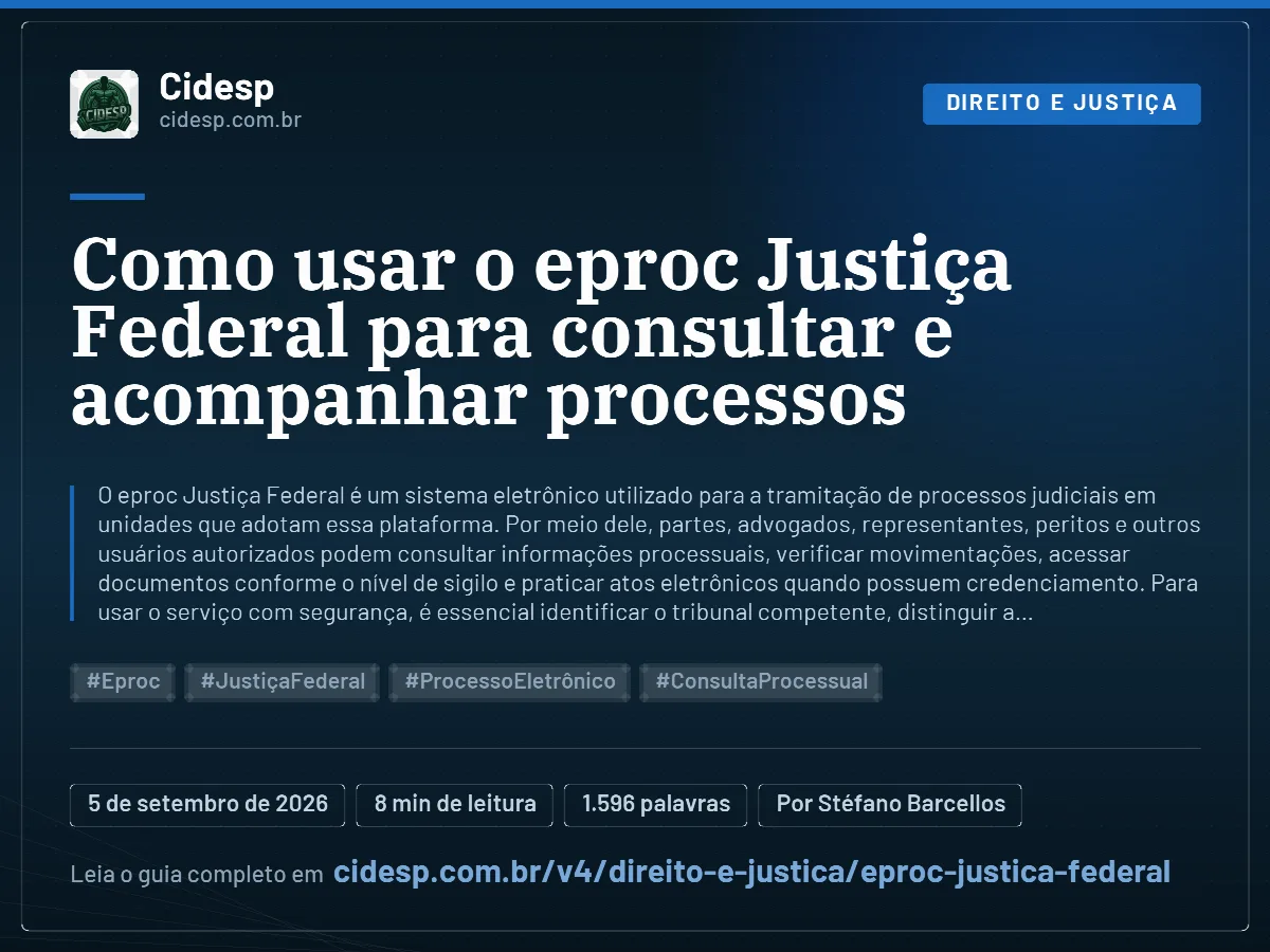 Cartão do artigo “Como usar o eproc Justiça Federal para consultar e acompanhar processos”, com resumo, data de publicação e endereço da página.