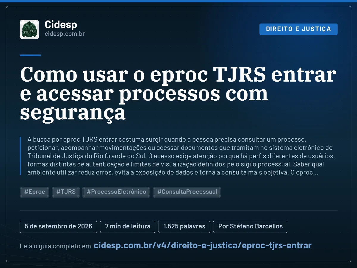Cartão do artigo “Como usar o eproc TJRS entrar e acessar processos com segurança”, com resumo, data de publicação e endereço da página.