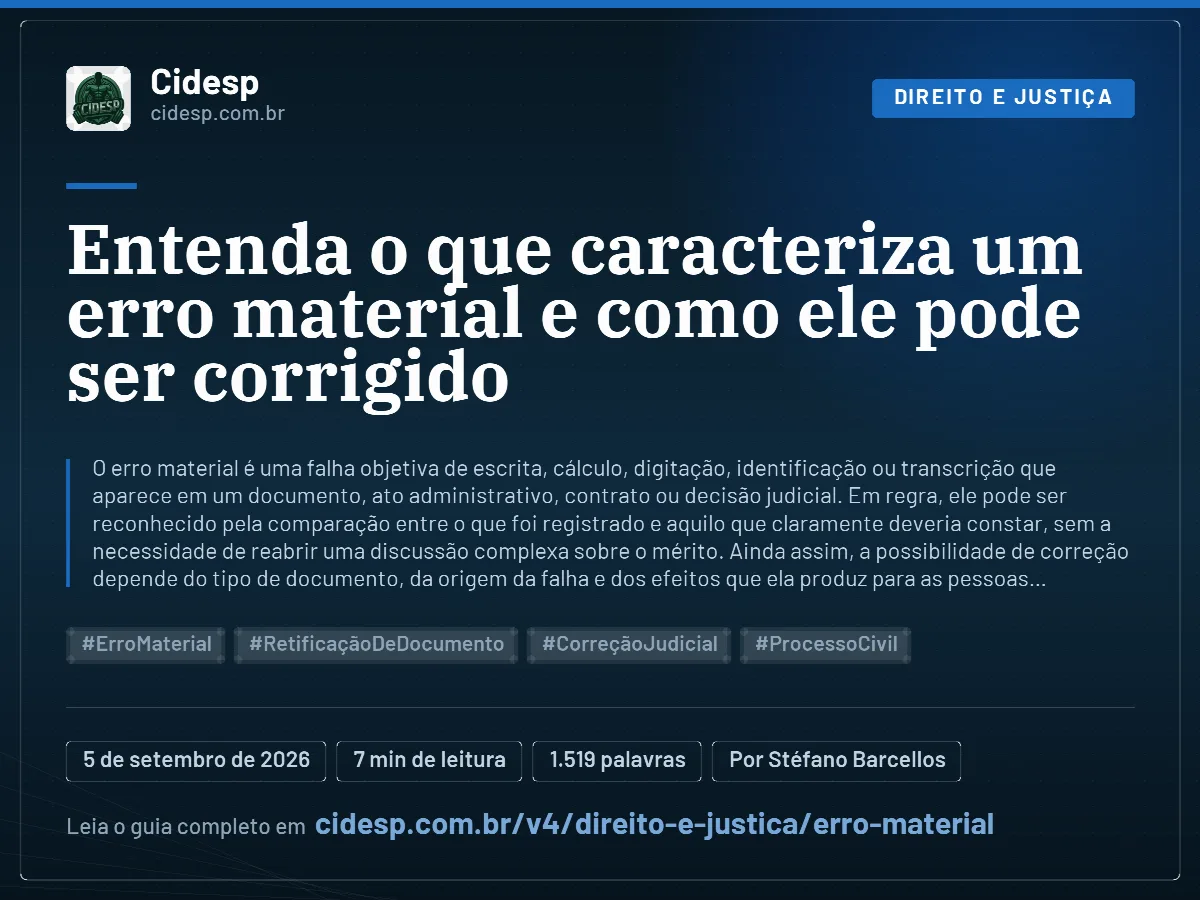 Cartão do artigo “Entenda o que caracteriza um erro material e como ele pode ser corrigido”, com resumo, data de publicação e endereço da página.