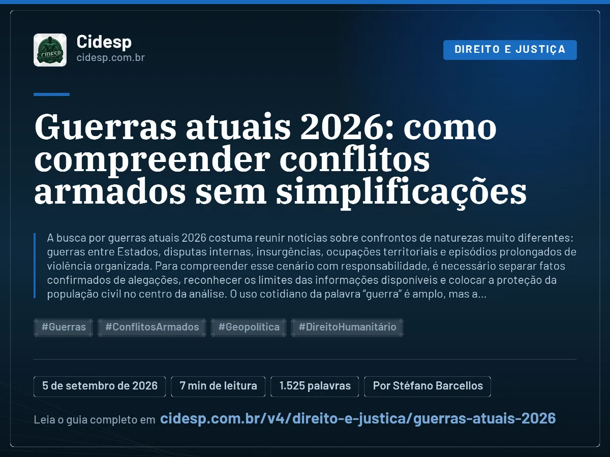 Cartão do artigo “Guerras atuais 2026: como compreender conflitos armados sem simplificações”, com resumo, data de publicação e endereço da página.