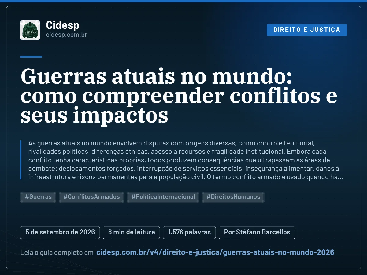 Cartão do artigo “Guerras atuais no mundo: como compreender conflitos e seus impactos”, com resumo, data de publicação e endereço da página.