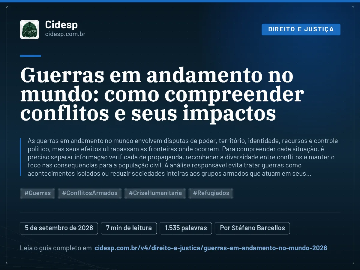 Cartão do artigo “Guerras em andamento no mundo: como compreender conflitos e seus impactos”, com resumo, data de publicação e endereço da página.