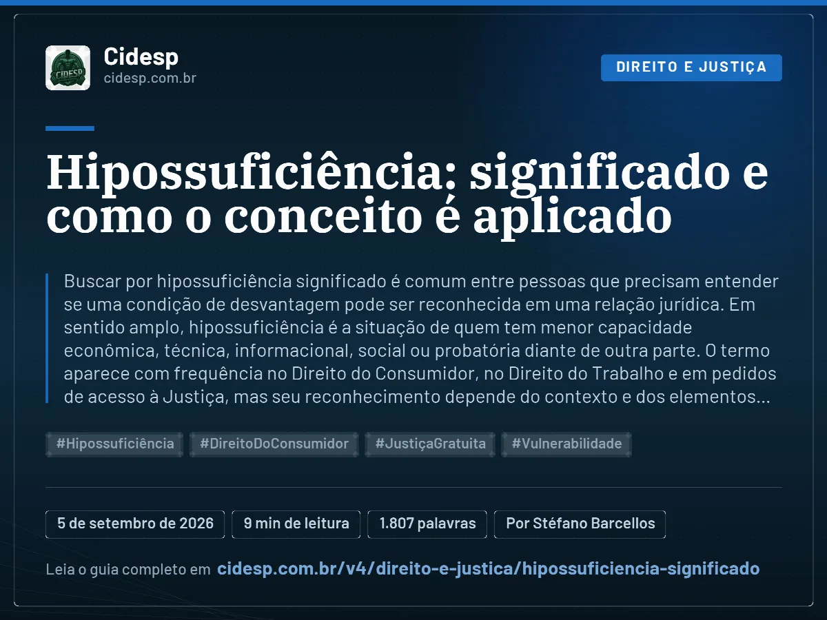 Cartão do artigo “Hipossuficiência: significado e como o conceito é aplicado”, com resumo, data de publicação e endereço da página.