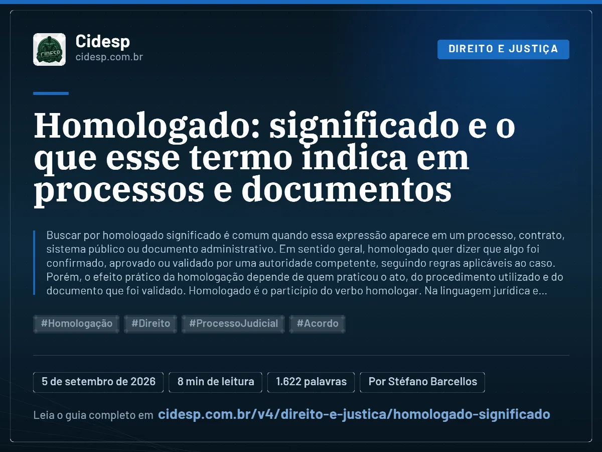 Cartão do artigo “Homologado: significado e o que esse termo indica em processos e documentos”, com resumo, data de publicação e endereço da página.