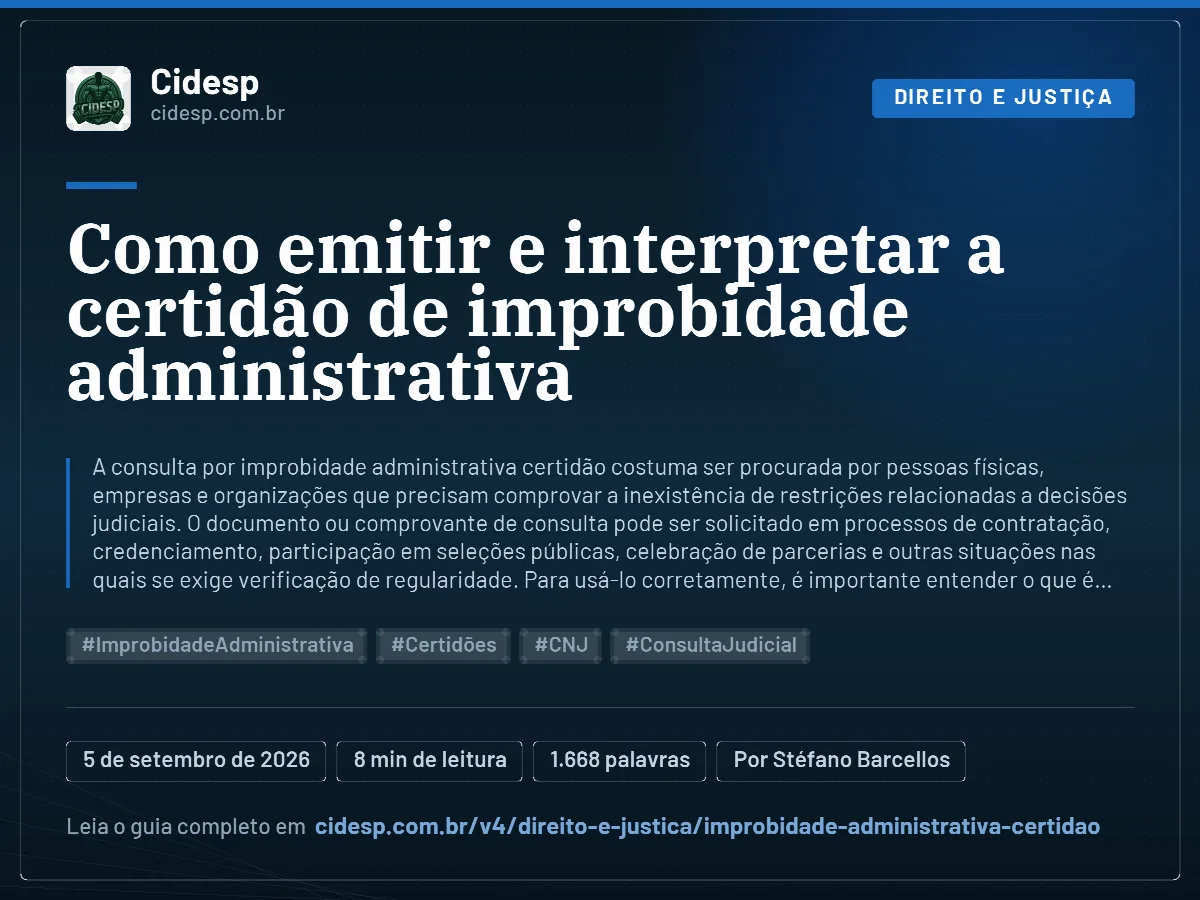 Cartão do artigo “Como emitir e interpretar a certidão de improbidade administrativa”, com resumo, data de publicação e endereço da página.
