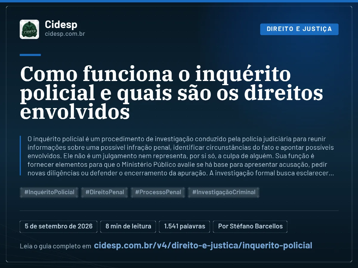 Cartão do artigo “Como funciona o inquérito policial e quais são os direitos envolvidos”, com resumo, data de publicação e endereço da página.