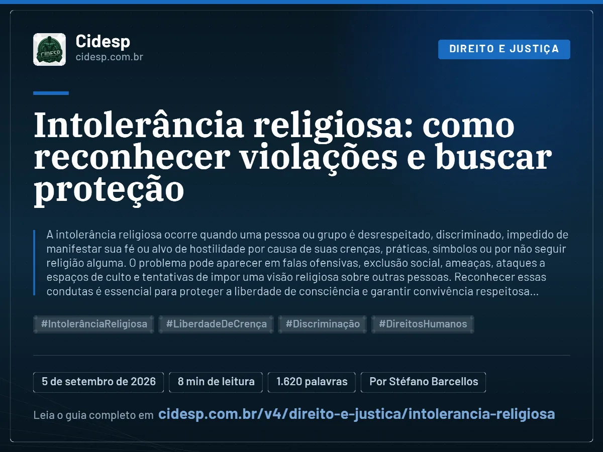 Cartão do artigo “Intolerância religiosa: como reconhecer violações e buscar proteção”, com resumo, data de publicação e endereço da página.