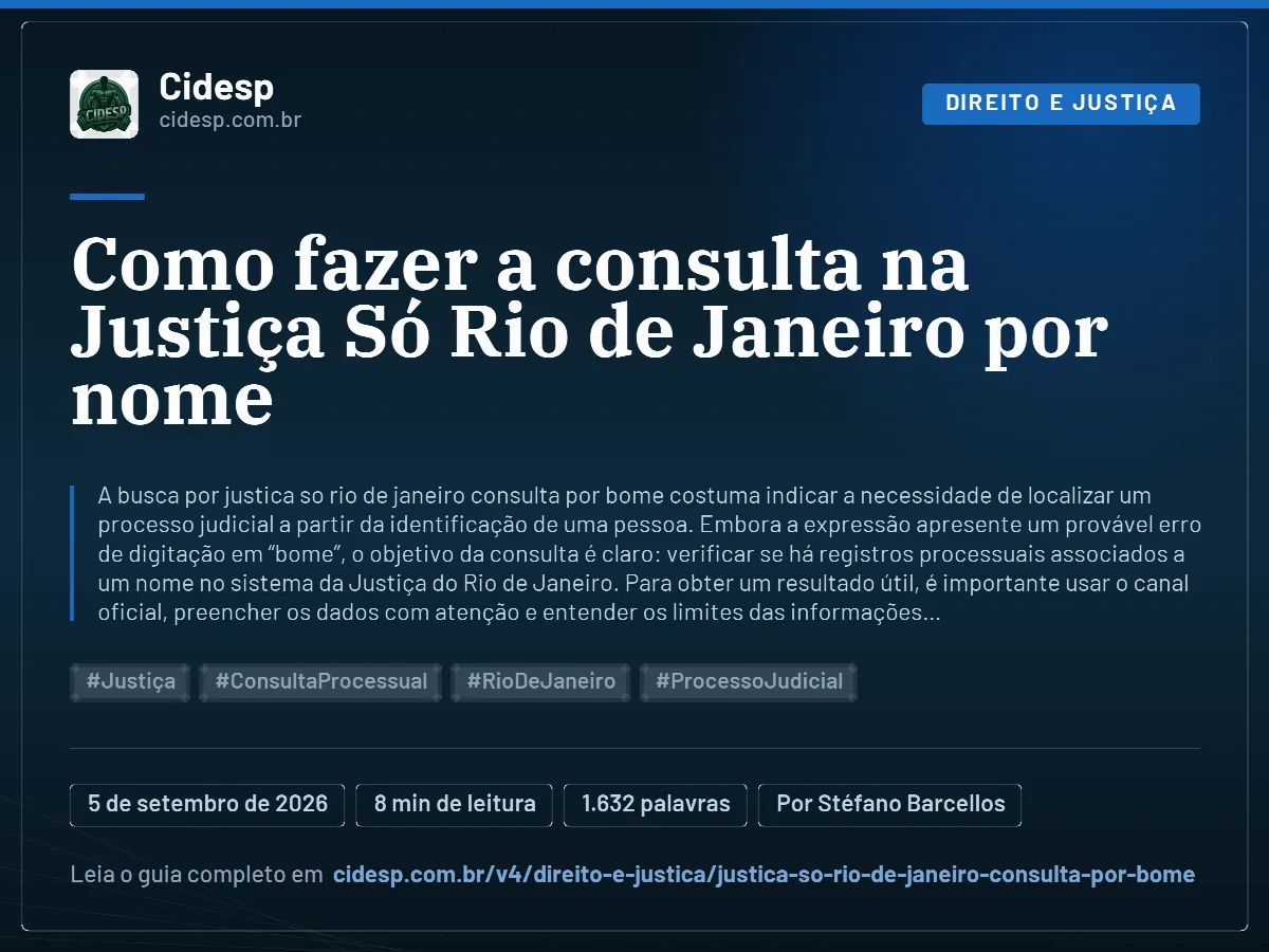 Cartão do artigo “Como fazer a consulta na Justiça Só Rio de Janeiro por nome”, com resumo, data de publicação e endereço da página.