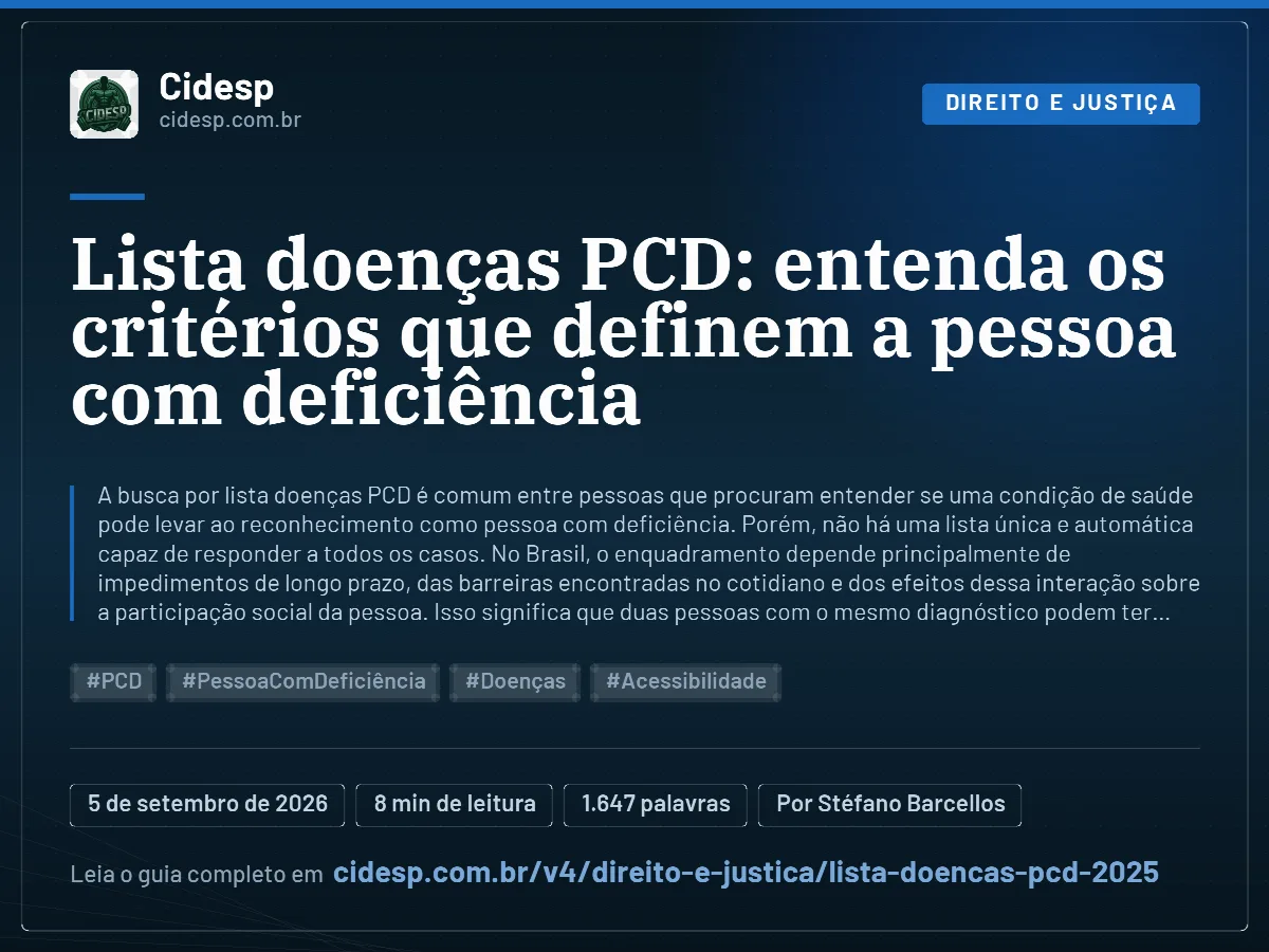 Cartão do artigo “Lista doenças PCD: entenda os critérios que definem a pessoa com deficiência”, com resumo, data de publicação e endereço da página.