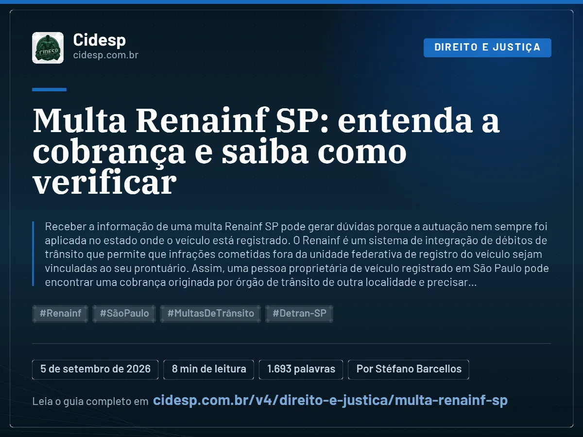 Cartão do artigo “Multa Renainf SP: entenda a cobrança e saiba como verificar”, com resumo, data de publicação e endereço da página.