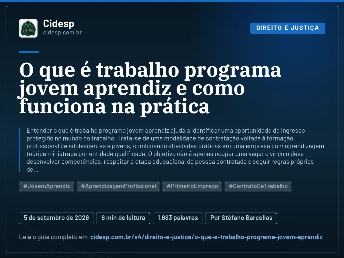 Cartão do artigo “O que é trabalho programa jovem aprendiz e como funciona na prática”, com resumo, data de publicação e endereço da página.