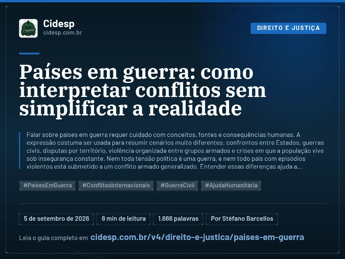Cartão do artigo “Países em guerra: como interpretar conflitos sem simplificar a realidade”, com resumo, data de publicação e endereço da página.