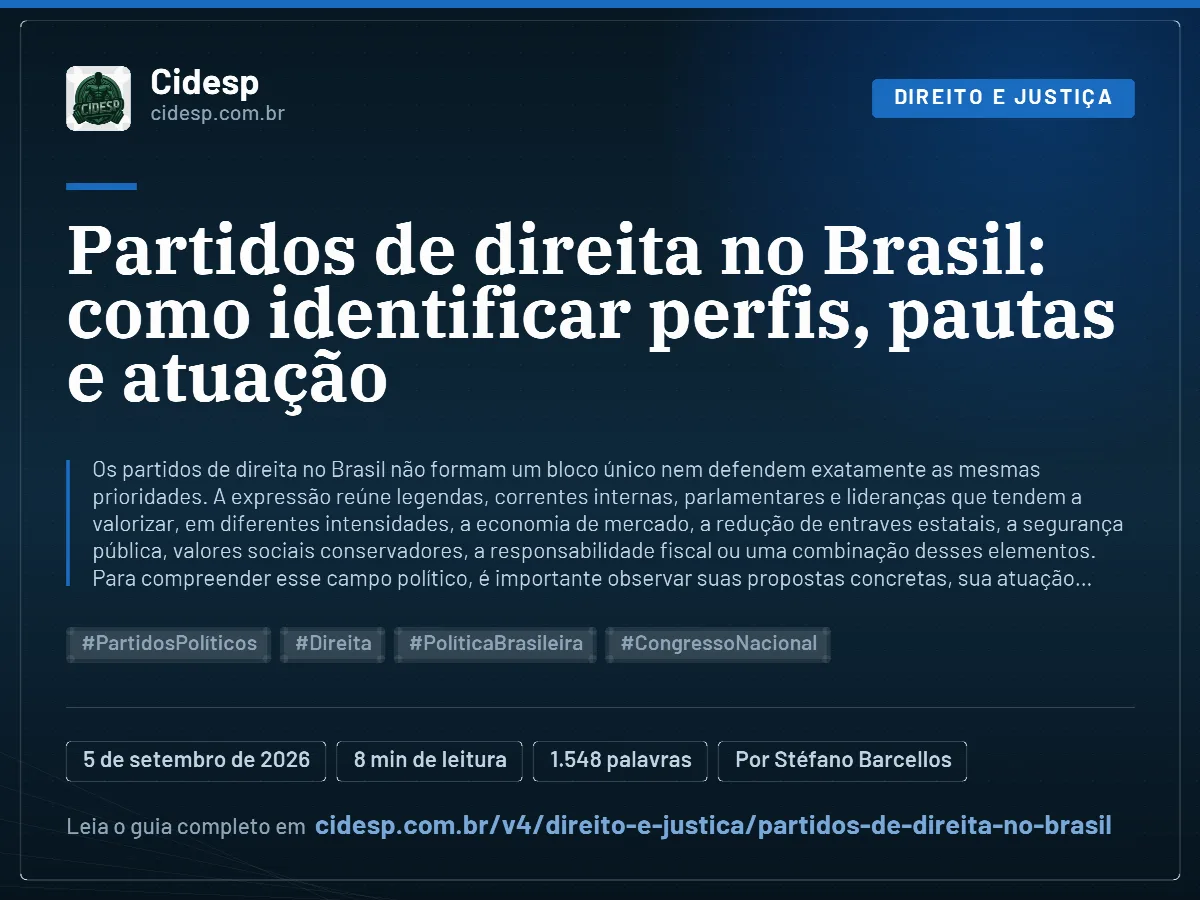 Cartão do artigo “Partidos de direita no Brasil: como identificar perfis, pautas e atuação”, com resumo, data de publicação e endereço da página.