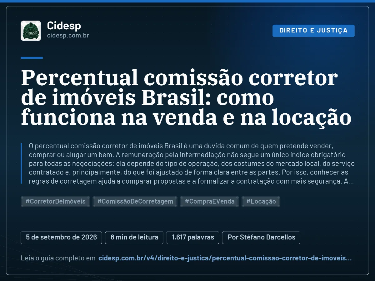 Cartão do artigo “Percentual comissão corretor de imóveis Brasil: como funciona na venda e na locação”, com resumo, data de publicação e endereço da página.