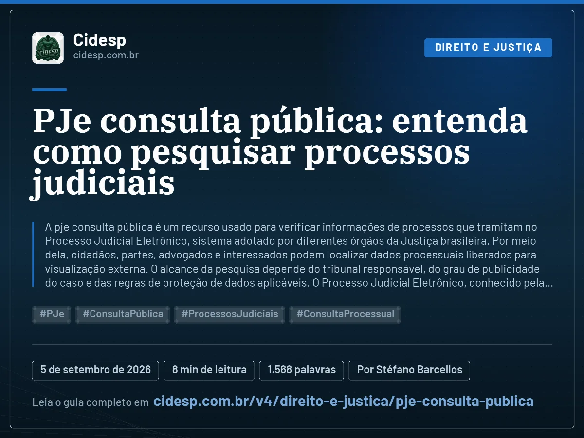 Cartão do artigo “PJe consulta pública: entenda como pesquisar processos judiciais”, com resumo, data de publicação e endereço da página.