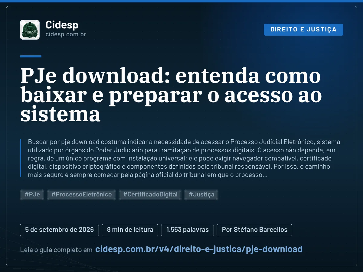 Cartão do artigo “PJe download: entenda como baixar e preparar o acesso ao sistema”, com resumo, data de publicação e endereço da página.