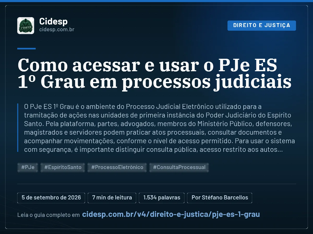 Cartão do artigo “Como acessar e usar o PJe ES 1º Grau em processos judiciais”, com resumo, data de publicação e endereço da página.