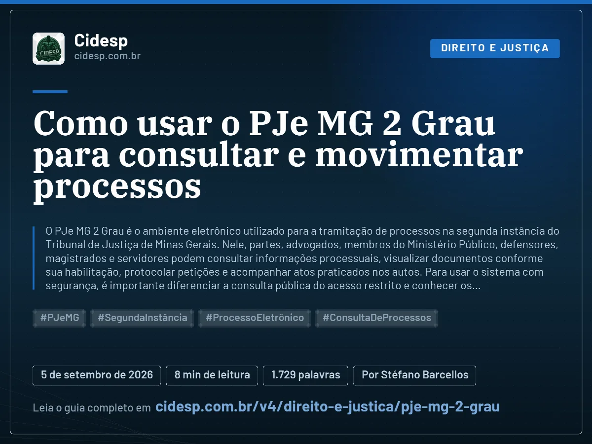 Cartão do artigo “Como usar o PJe MG 2 Grau para consultar e movimentar processos”, com resumo, data de publicação e endereço da página.