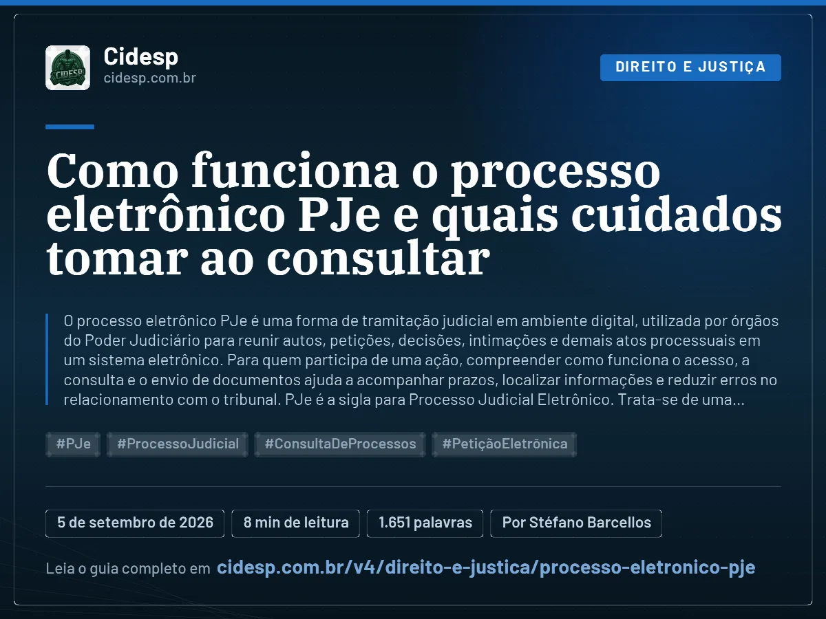Cartão do artigo “Como funciona o processo eletrônico PJe e quais cuidados tomar ao consultar”, com resumo, data de publicação e endereço da página.