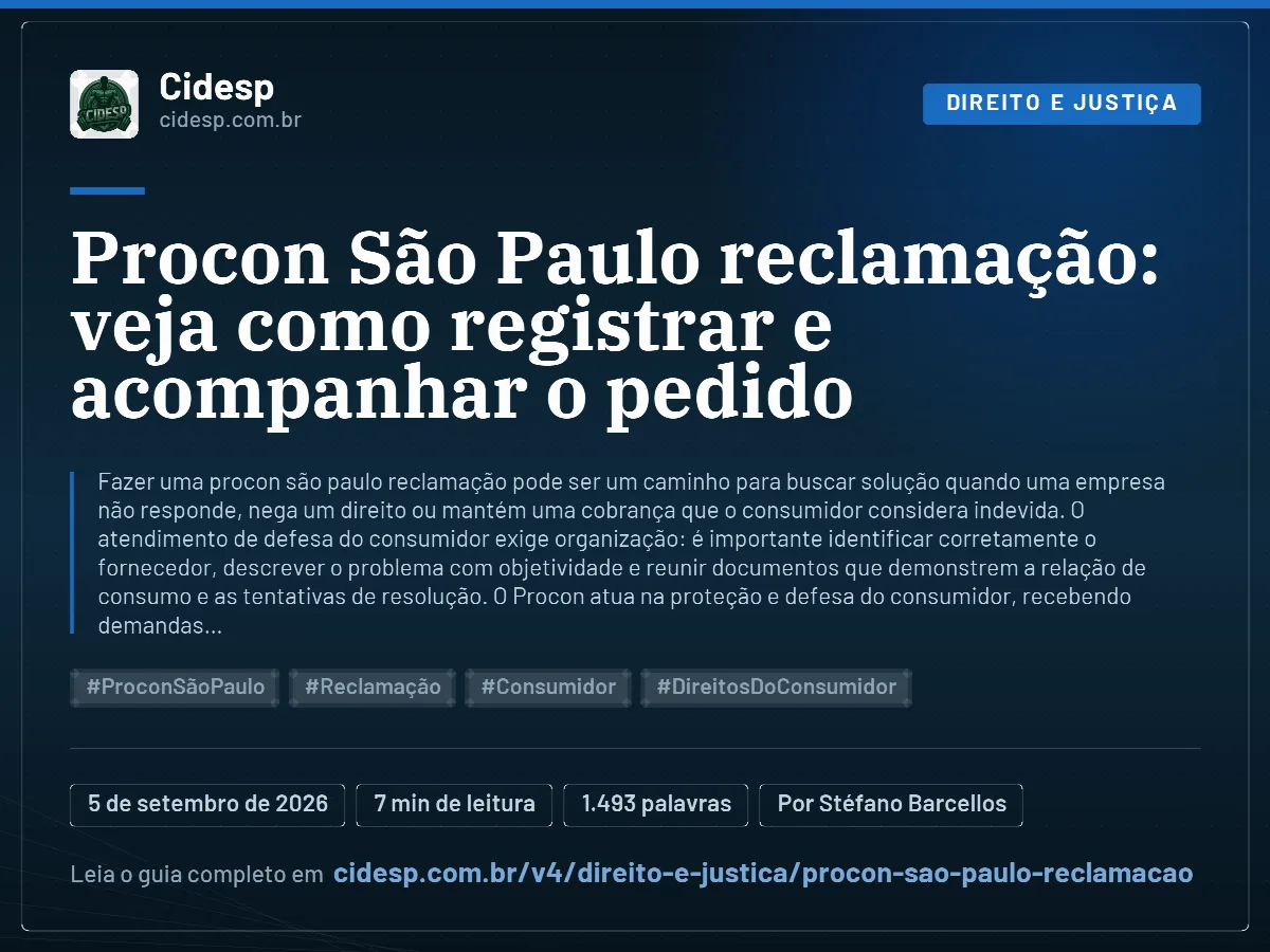 Cartão do artigo “Procon São Paulo reclamação: veja como registrar e acompanhar o pedido”, com resumo, data de publicação e endereço da página.