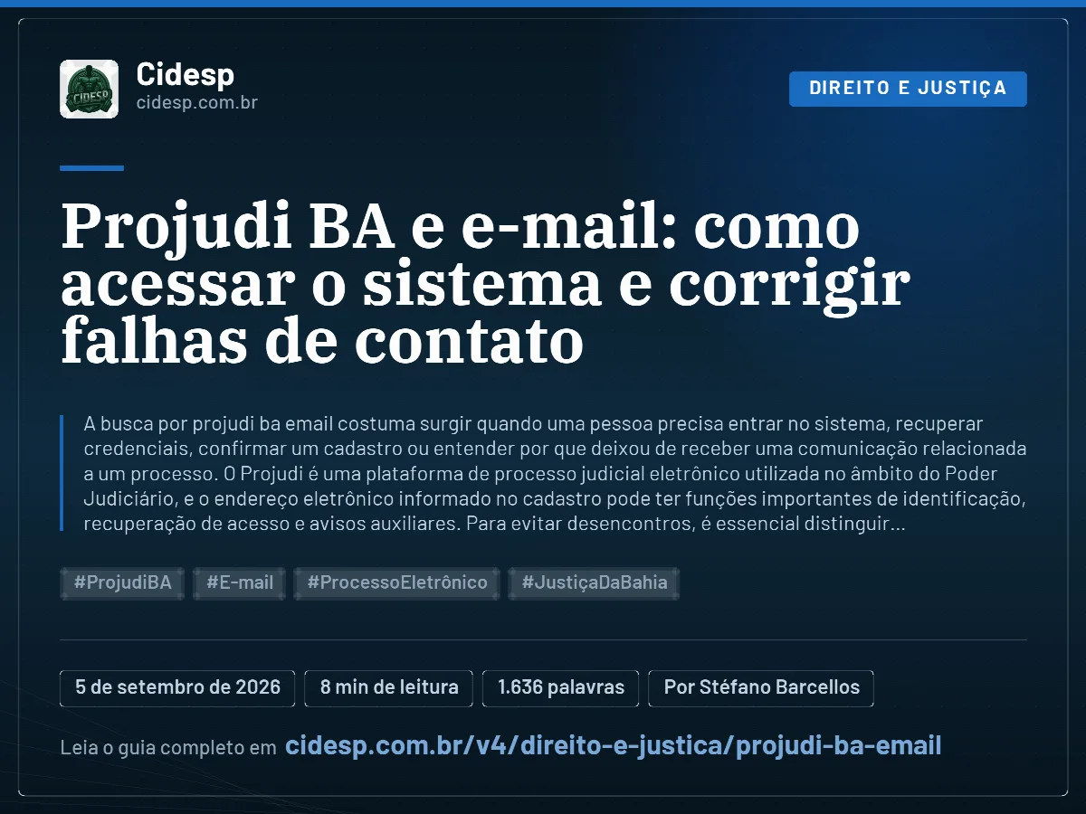 Cartão do artigo “Projudi BA e e-mail: como acessar o sistema e corrigir falhas de contato”, com resumo, data de publicação e endereço da página.