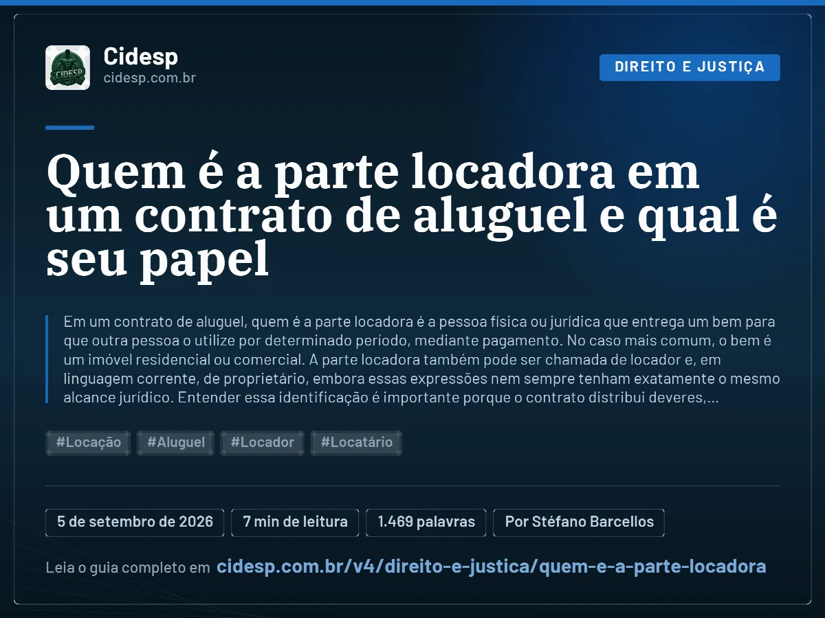 Cartão do artigo “Quem é a parte locadora em um contrato de aluguel e qual é seu papel”, com resumo, data de publicação e endereço da página.