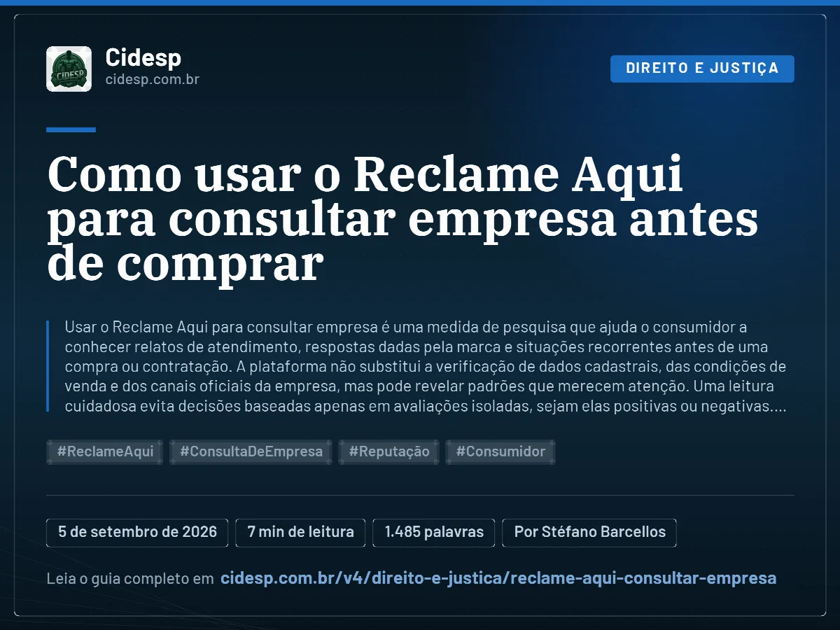 Cartão do artigo “Como usar o Reclame Aqui para consultar empresa antes de comprar”, com resumo, data de publicação e endereço da página.