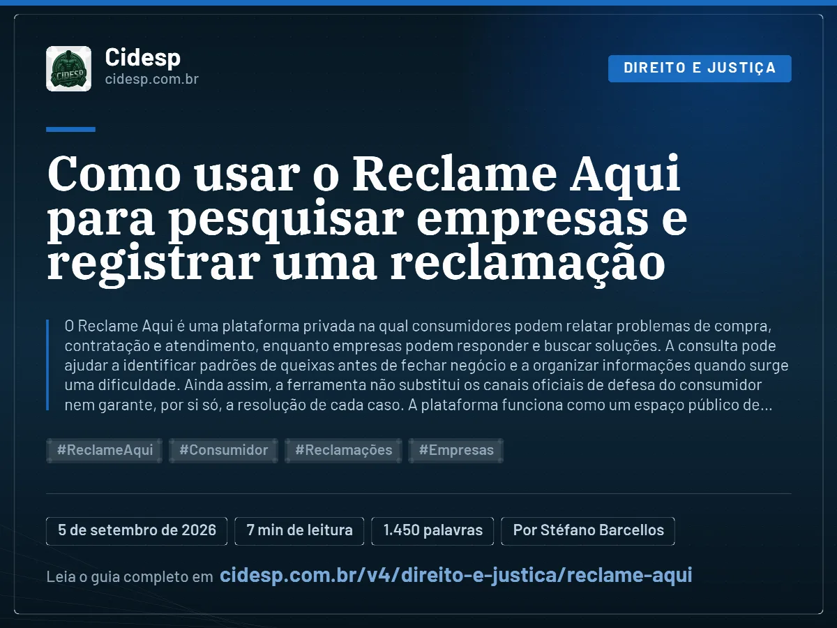 Cartão do artigo “Como usar o Reclame Aqui para pesquisar empresas e registrar uma reclamação”, com resumo, data de publicação e endereço da página.