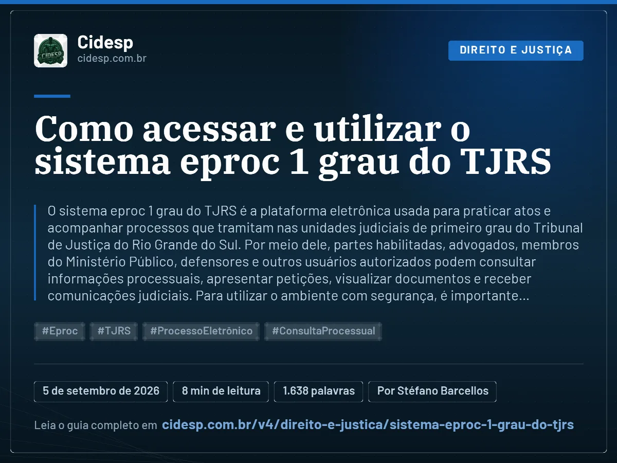 Cartão do artigo “Como acessar e utilizar o sistema eproc 1 grau do TJRS”, com resumo, data de publicação e endereço da página.
