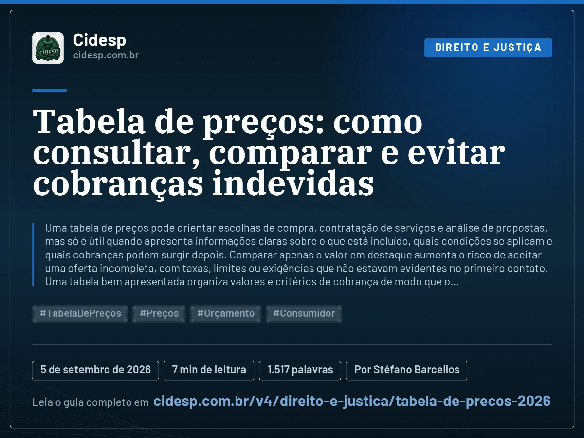 Cartão do artigo “Tabela de preços: como consultar, comparar e evitar cobranças indevidas”, com resumo, data de publicação e endereço da página.