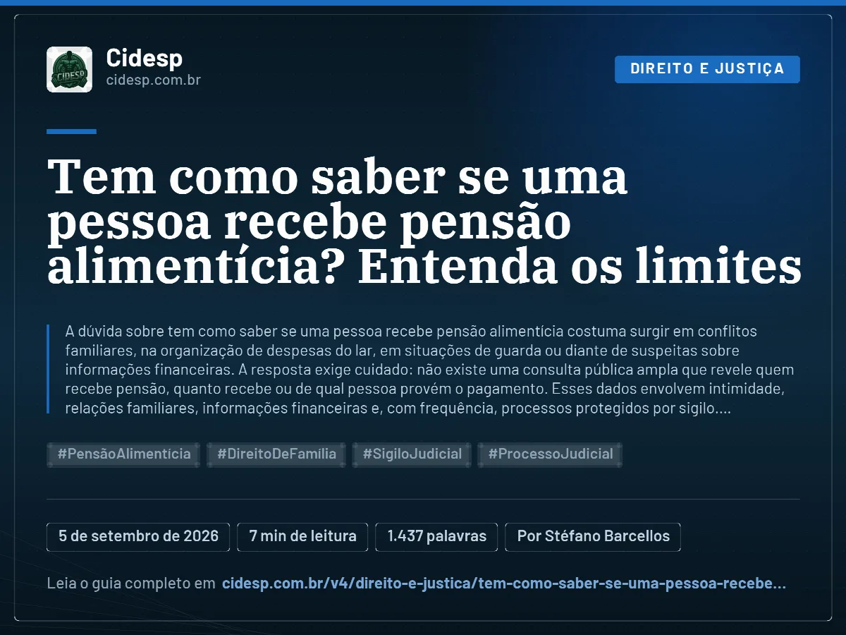 Cartão do artigo “Tem como saber se uma pessoa recebe pensão alimentícia? Entenda os limites”, com resumo, data de publicação e endereço da página.