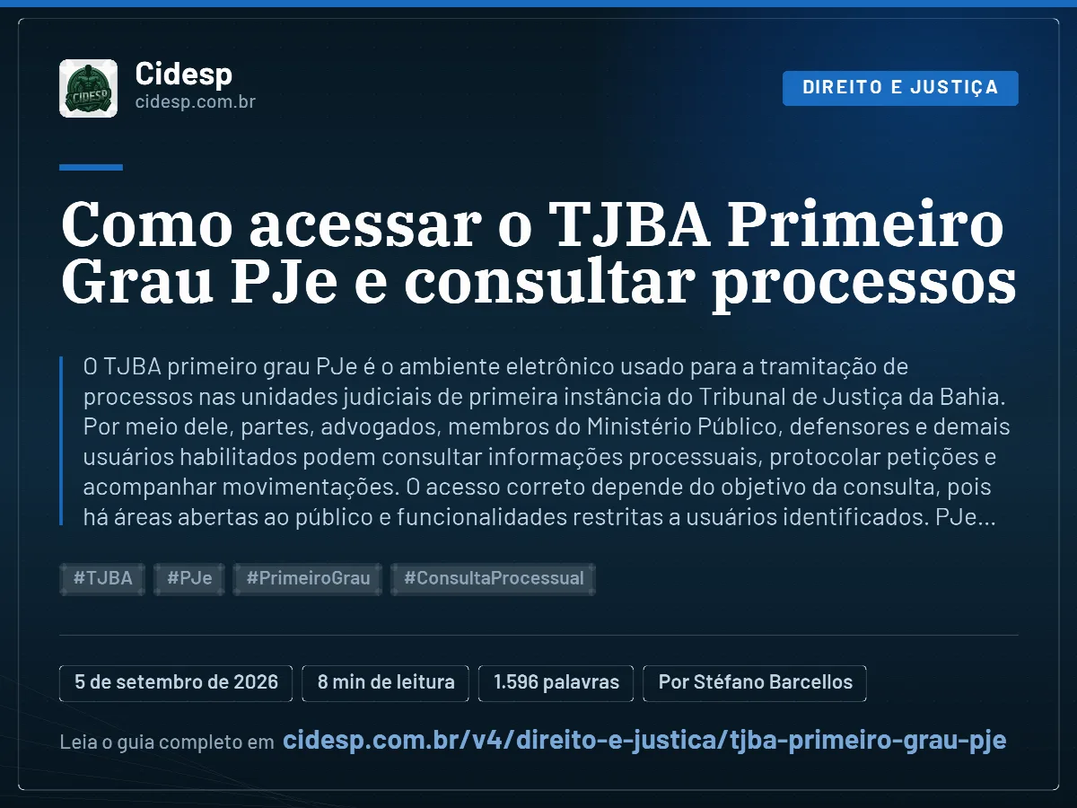 Cartão do artigo “Como acessar o TJBA Primeiro Grau PJe e consultar processos”, com resumo, data de publicação e endereço da página.