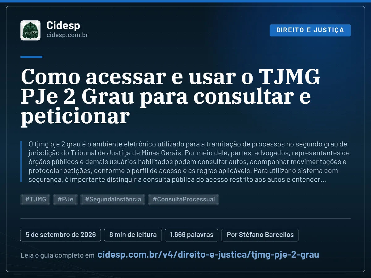Cartão do artigo “Como acessar e usar o TJMG PJe 2 Grau para consultar e peticionar”, com resumo, data de publicação e endereço da página.