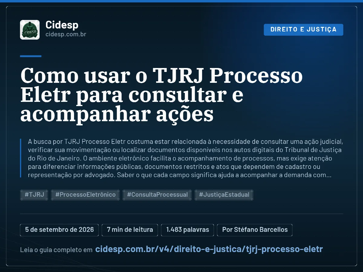Cartão do artigo “Como usar o TJRJ Processo Eletr para consultar e acompanhar ações”, com resumo, data de publicação e endereço da página.