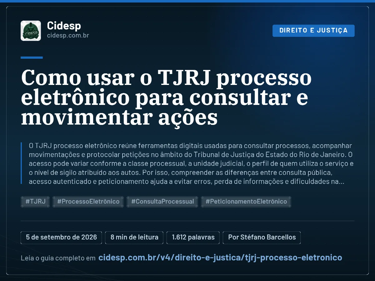Cartão do artigo “Como usar o TJRJ processo eletrônico para consultar e movimentar ações”, com resumo, data de publicação e endereço da página.