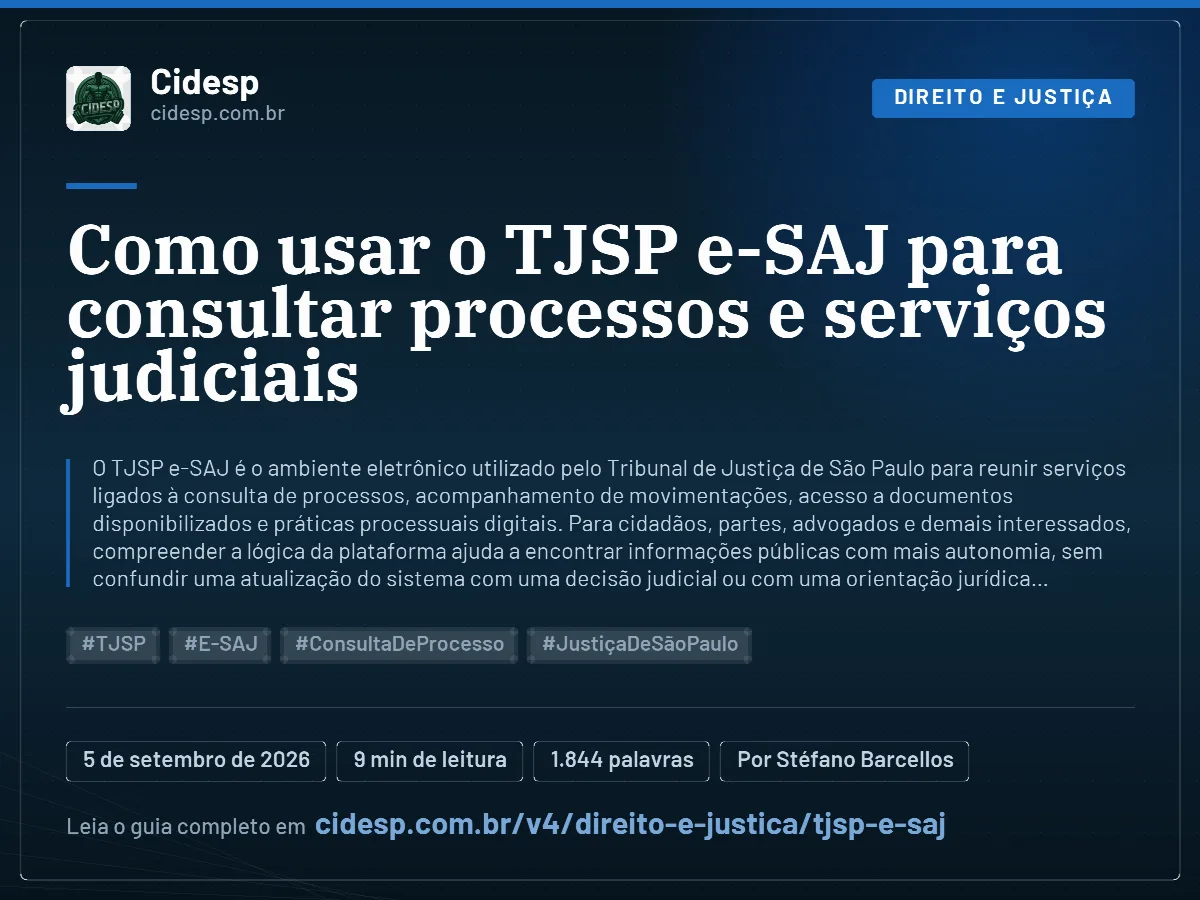 Cartão do artigo “Como usar o TJSP e-SAJ para consultar processos e serviços judiciais”, com resumo, data de publicação e endereço da página.