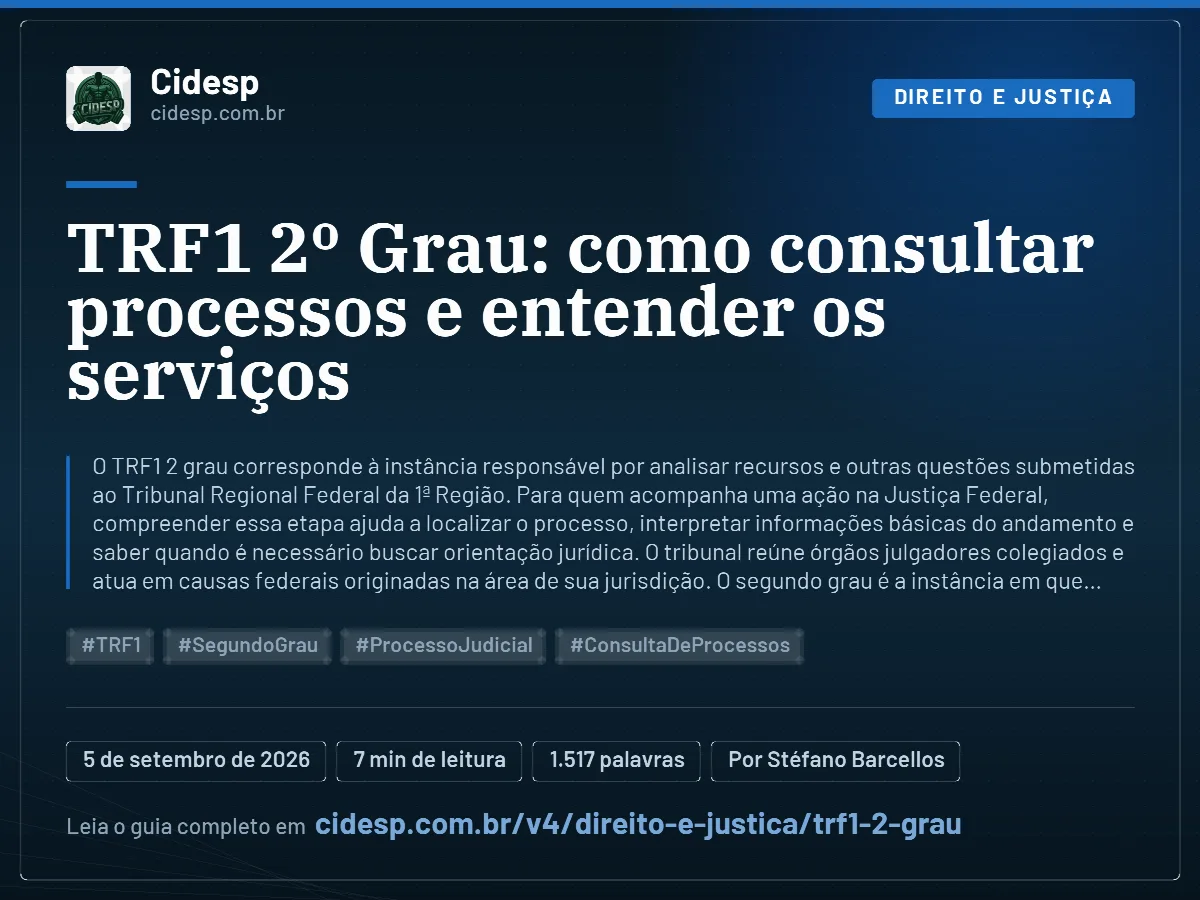 Cartão do artigo “TRF1 2º Grau: como consultar processos e entender os serviços”, com resumo, data de publicação e endereço da página.