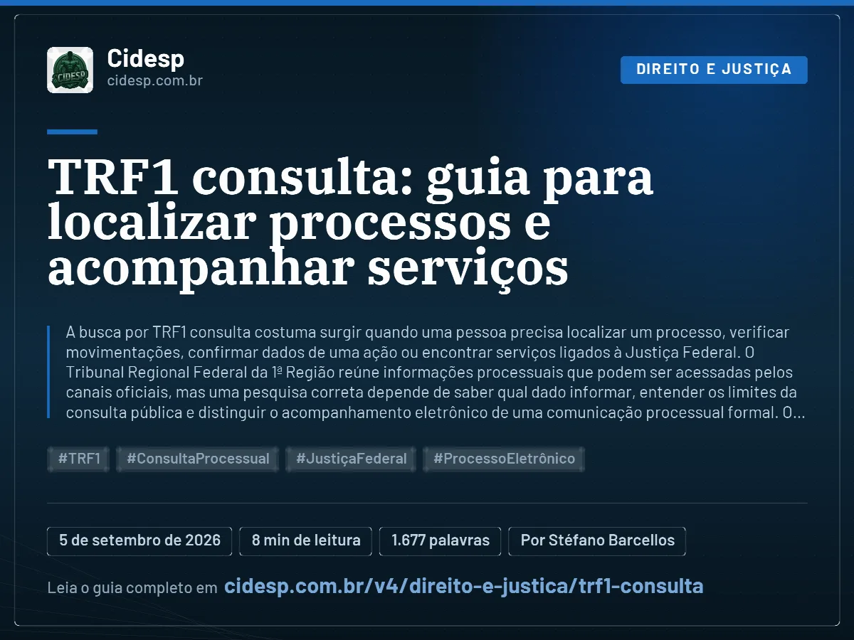 Cartão do artigo “TRF1 consulta: guia para localizar processos e acompanhar serviços”, com resumo, data de publicação e endereço da página.