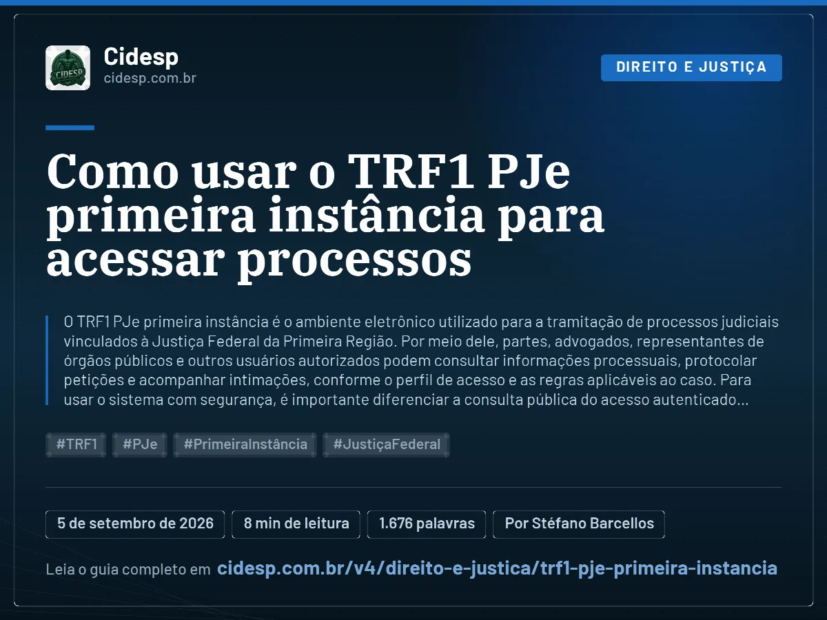 Cartão do artigo “Como usar o TRF1 PJe primeira instância para acessar processos”, com resumo, data de publicação e endereço da página.