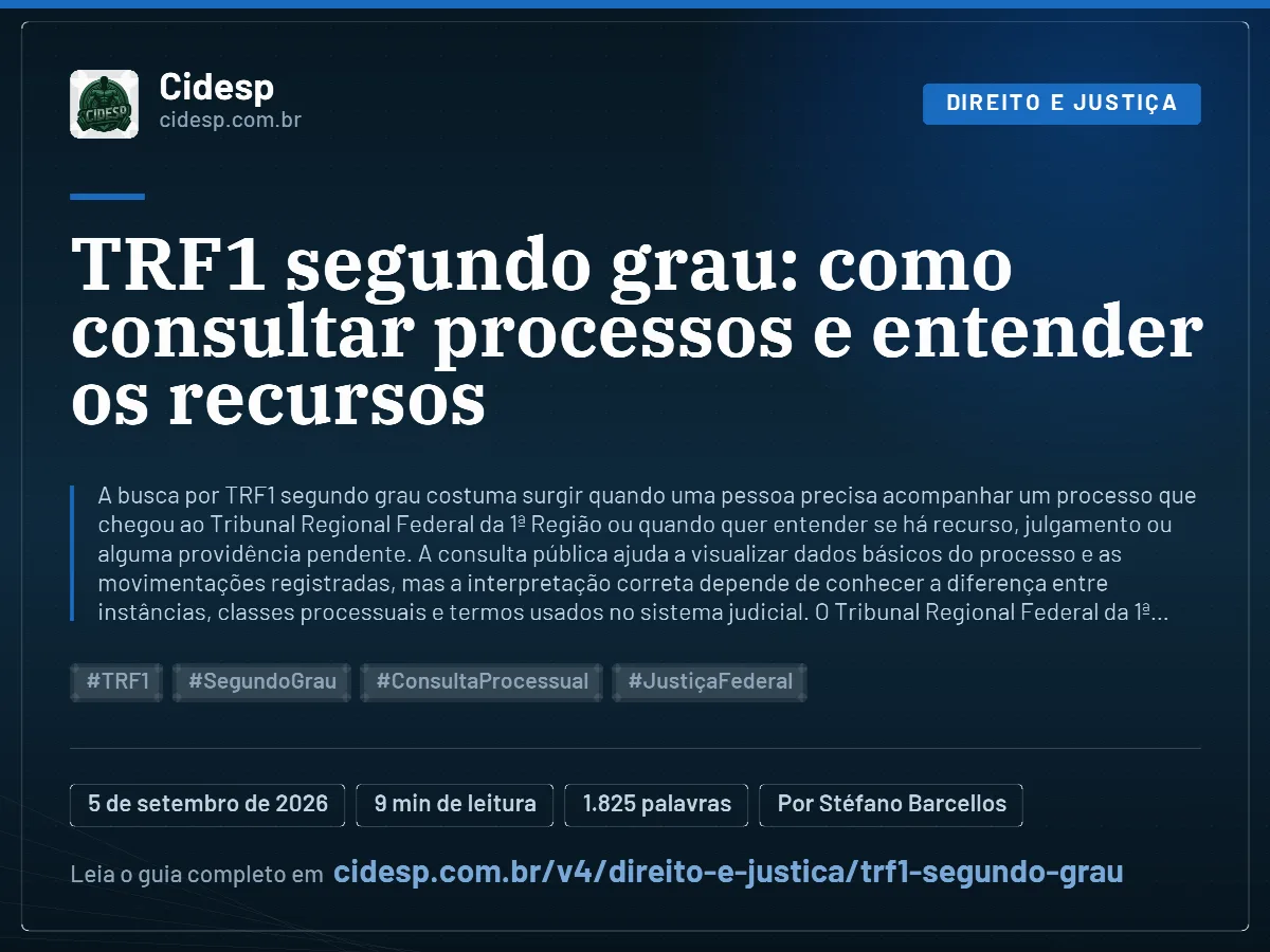 Cartão do artigo “TRF1 segundo grau: como consultar processos e entender os recursos”, com resumo, data de publicação e endereço da página.