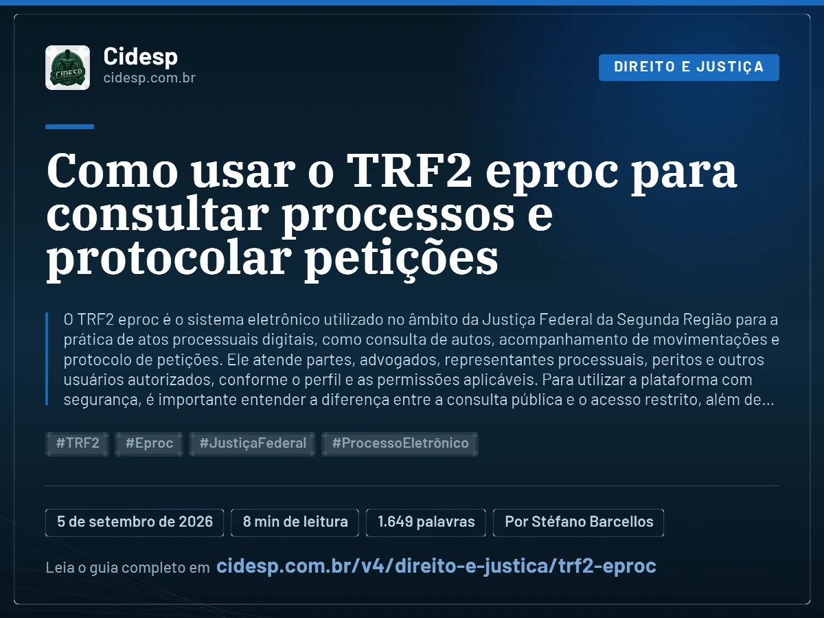 Cartão do artigo “Como usar o TRF2 eproc para consultar processos e protocolar petições”, com resumo, data de publicação e endereço da página.