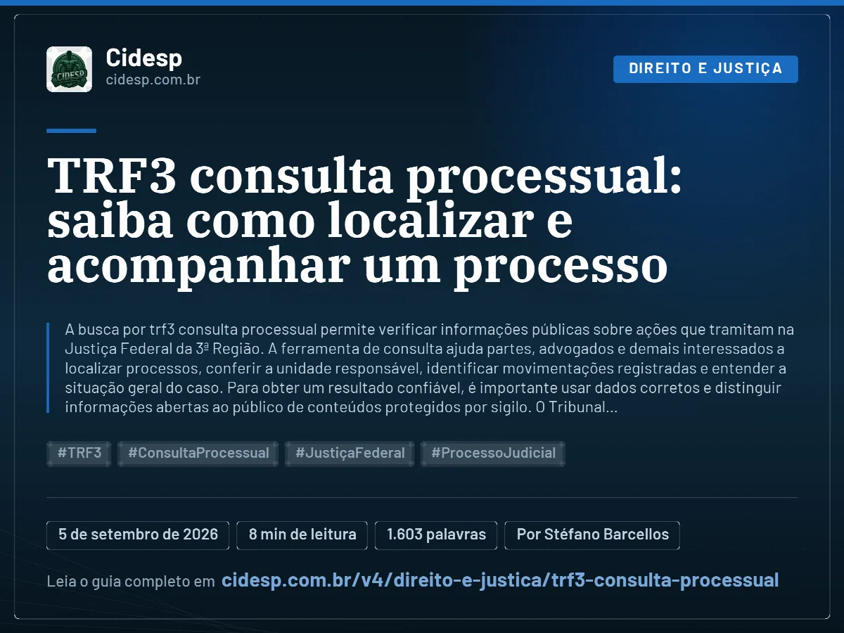 Cartão do artigo “TRF3 consulta processual: saiba como localizar e acompanhar um processo”, com resumo, data de publicação e endereço da página.